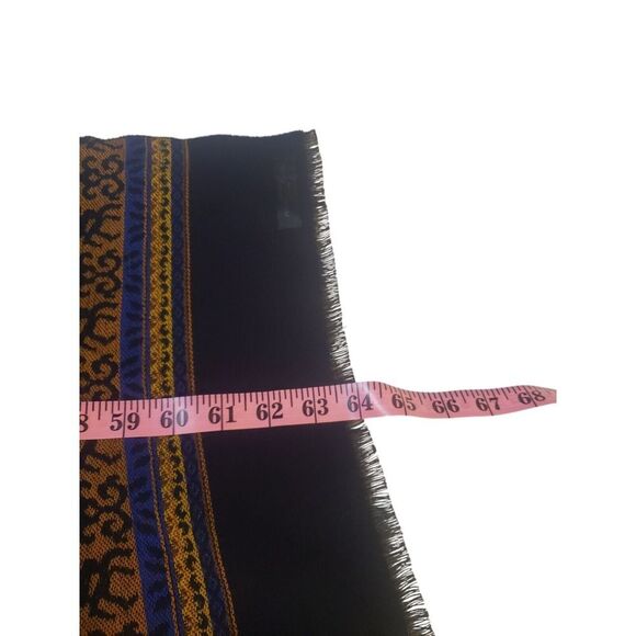 Womens Wool Scarf 64" x 27" Yellow Purple Navy Animal 1/2" Fringe Made in C.E.E. - Picture 8 of 13